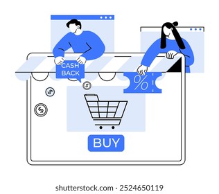 Simplistic vector-style image of an online shopping cart and BUY button. Two individuals display Cashback and percentage icons, suggesting promotions. Ideal for e-commerce, marketing, retail