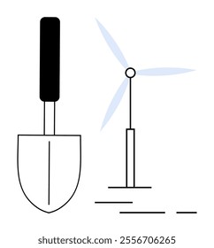 A simplistic visual of a black-handled garden shovel and a blue-bladed wind turbine. Ideal for gardening, sustainable living, renewable energy, environmental awareness, clean energy. Minimalist