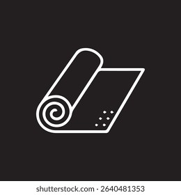A simplistic white vector design on a black background illustrating a yoga mat partially rolled up ready for use in your exercise or stretching routine