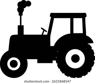 A simplistic yet striking black tractor silhouette features large tires and smoke coming from the exhaust pipe. The vector is suitable for agricultural themes.