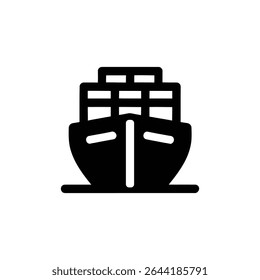 A simplistic yet striking front-view icon displaying a container ship. The ship design features rectangular containers stacked atop its hull, rendered in a bold black outline.