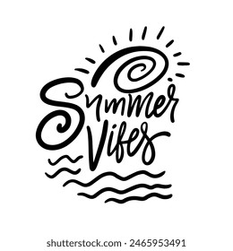 A simplistic yet stylish design featuring hand-drawn summer typography with sun and wave elements depicted in black ink