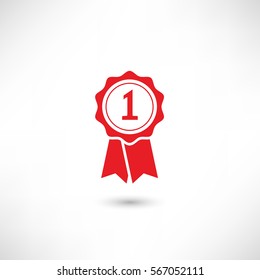 Simply award medal badge icon. Sertificate ui symbol. Stamp with ribbons pictogram. First place label user interface sign. EPS10 vector.