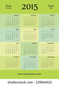 Simply calendar 2015 - vector template. Black letters on green background, monday week beginning.