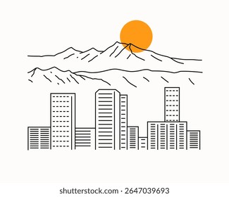Simply Denver downtown and rocky mountain in mono line art illustration