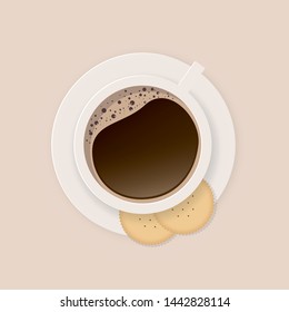 simply Design a Cup of Coffee on a light Background with cookies
, Top View, vector