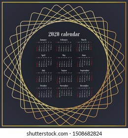 Simply design Desk Calendar of 2020 year template. Week starts on Sunday. Basic type, original grid, vector illustration with beautiful geometric golden background.