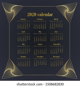 Simply design Desk Calendar of 2020 year template. Week starts on Sunday. Basic type, original grid, vector illustration with beautiful geometric golden background.