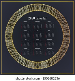 Simply design Desk Calendar of 2020 year template. Week starts on Sunday. Basic type, original grid, vector illustration with beautiful geometric golden background.