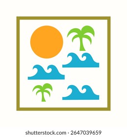 Simply design for summer season with beach elements, waves and coconut trees for print