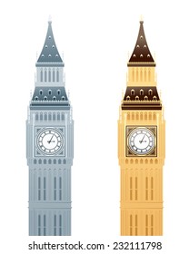 Simply drawn Big Ben in gray scale and color.