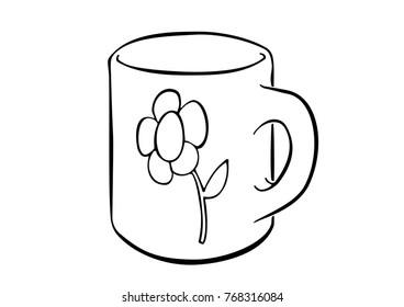 Simply drawn mug decorated with a flower. Cartoon-like illustration of a cup created using ink-like, simple, fluid, black lines on a white background. Simple object inspiring relaxation, pace, calm.