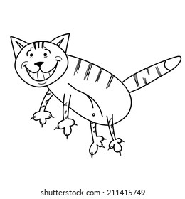 Simply drawn smiling cat, sketch illustration.