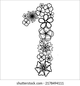Simplemente flor número uno con cabeza de flor, elementos aislados dibujados a mano para tarjeta de diseño, invitación y página de coloreado. Elementos florales de doodle en blanco y negro para la educación de los niños 