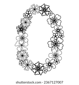 Simply flower number one with flower head, isolated hand drawn elements for design card, invitation and coloring page. Black and white doodle floral element for children education.