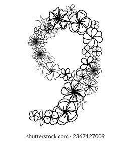 Simply flower number one with flower head, isolated hand drawn elements for design card, invitation and coloring page. Black and white doodle floral element for children education.