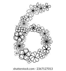 Simply flower number one with flower head, isolated hand drawn elements for design card, invitation and coloring page. Black and white doodle floral element for children education.