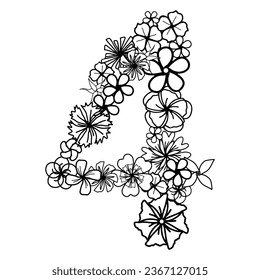 Simply flower number one with flower head, isolated hand drawn elements for design card, invitation and coloring page. Black and white doodle floral element for children education.