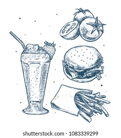 Simply food illustration. Classic hand drawn sketch with milkshake, burger and french fries isolated on white background. Vector illustration.  