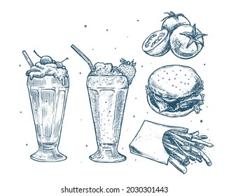 Simply food illustration. Classic hand drawn sketch with milkshake, burger and french fries isolated on white background. Vector illustration.  