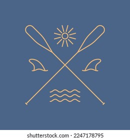 simply four element of waves, shark, canoe and sun divided by canoe paddle in mono line art for badge, sticker, t shirt apparel, etc