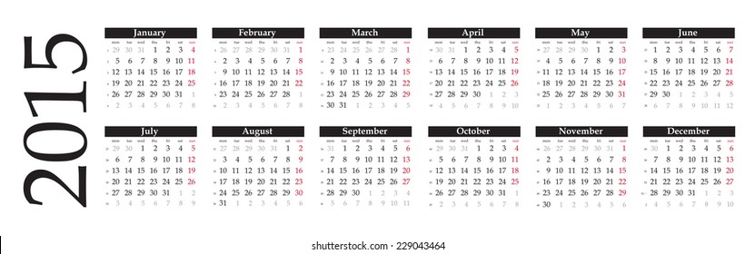 Simply horizontal calendar 2015, vector monochrome template, pink color holidays. Can be used in web or print.