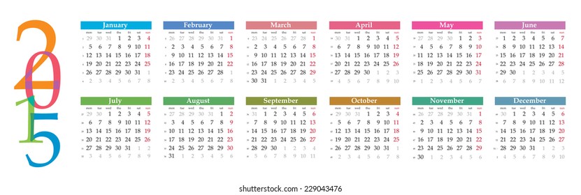 Simply horizontal calendar 2015, vector template with different colors. Can be used in web or print. 