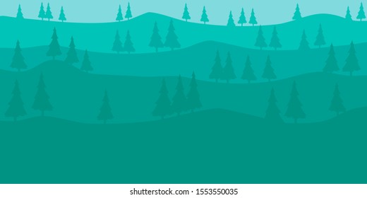 Simply landscape of green mountains with small trees. It’s many shades of green.
