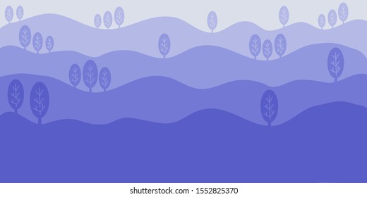 Simply landscape of purple mountain with small trees. It’s many shades of purple.