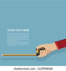 simply measure tape in hand isolated on blue background with copy space. vector illustration flat design. construction, engineering, repair concept. template for your text