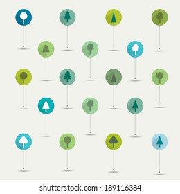 Simply minimalistic flat trees symbol icon set. Color shadows pictograms. 