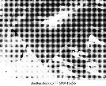 Simply Place Grunge Texture over any Object to Create Distressed Effect. Vector. Halftone dots pattern . Dirty spotted Background with tiny circles . Trendy abstract design element for your artwork .