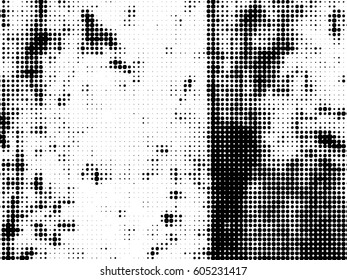 Simply Place Grunge Texture over any Object to Create Distressed Effect. Vector. Halftone dots pattern . Dirty spotted Background with tiny circles . Trendy abstract design element for your artwork .