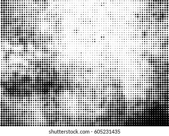 Simply Place Grunge Texture over any Object to Create Distressed Effect. Vector. Halftone dots pattern . Dirty spotted Background with tiny circles . Trendy abstract design element for your artwork .