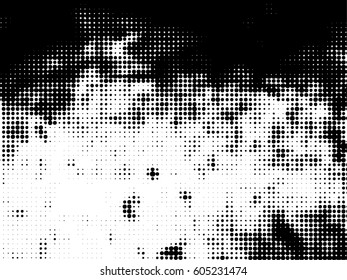 Simply Place Grunge Texture over any Object to Create Distressed Effect. Vector. Halftone dots pattern . Dirty spotted Background with tiny circles . Trendy abstract design element for your artwork .