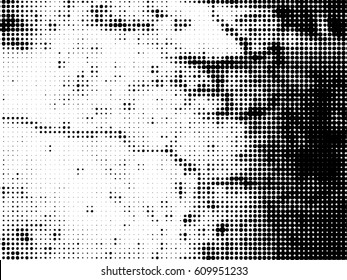 Simply Place Grunge Texture over any Object to Create Distressed Effect. Vector. Halftone dots pattern . Dirty spotted Background with tiny circles . Trendy abstract design element for your artwork .