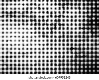 Simply Place Grunge Texture over any Object to Create Distressed Effect. Vector. Halftone dots pattern . Dirty spotted Background with tiny circles . Trendy abstract design element for your artwork .
