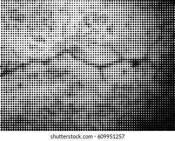 Simply Place Grunge Texture over any Object to Create Distressed Effect. Vector. Halftone dots pattern . Dirty spotted Background with tiny circles . Trendy abstract design element for your artwork .