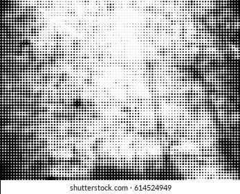 Simply Place Grunge Texture over any Object to Create Distressed Effect. Vector. Halftone dots pattern . Dirty spotted Background with tiny circles . Trendy abstract design element for your artwork .