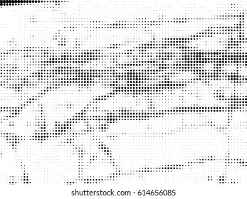Simply Place Grunge Texture over any Object to Create Distressed Effect. Vector. Halftone dots pattern . Dirty spotted Background with tiny circles . Trendy abstract design element for your artwork .