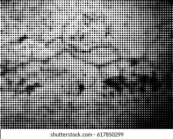 Simply Place Grunge Texture over any Object to Create Distressed Effect. Vector. Halftone dots pattern . Dirty spotted Background with tiny circles . Trendy abstract design element for your artwork .