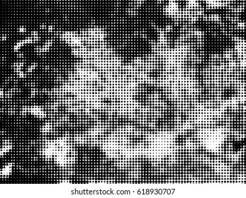 Simply Place Grunge Texture over any Object to Create Distressed Effect. Vector. Halftone dots pattern . Dirty spotted Background with tiny circles . Trendy abstract design element for your artwork .