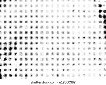 Simply Place Grunge Texture over any Object to Create Distressed Effect. Vector. Halftone dots pattern . Dirty spotted Background with tiny circles . Trendy abstract design element for your artwork .