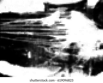 Simply Place Grunge Texture over any Object to Create Distressed Effect. Vector. Halftone dots pattern . Dirty spotted Background with tiny circles . Trendy abstract design element for your artwork .