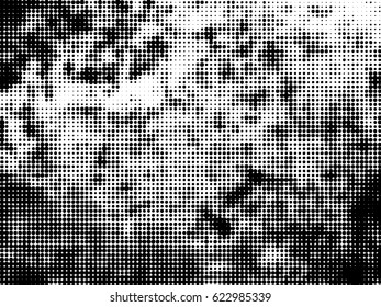 Simply Place Grunge Texture over any Object to Create Distressed Effect. Vector. Halftone dots pattern . Dirty spotted Background with tiny circles . Trendy abstract design element for your artwork .