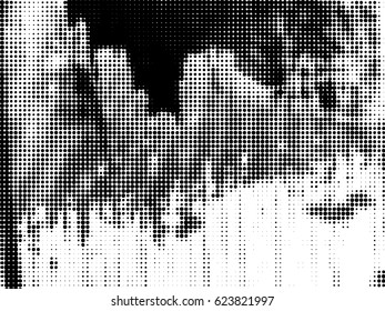 Simply Place Grunge Texture over any Object to Create Distressed Effect. Vector. Halftone dots pattern . Dirty spotted Background with tiny circles . Trendy abstract design element for your artwork .