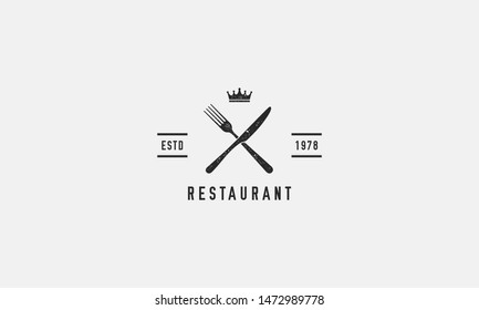 Simply restaurant logo template with fork, knife and crown. Trendy vintage minimal design. Vector illustration.