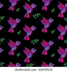 Simply seamless pattern with colorful birds and green leaves on the black background. Vector background with isolated bird for printing on fabric, paper for scrapbook, gift wrap and wallpapers.