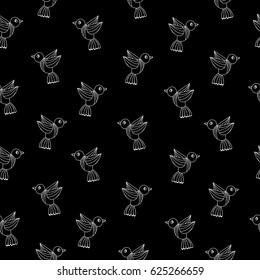 Simply seamless pattern with white line birds on the black background. Vector dark background with isolated bird for printing on fabric, paper for scrapbook, gift wrap and wallpapers.