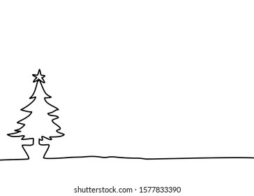 A simply sign one line drawing style of a Christmas tree isolated on white background. There’s a copy space for your text.